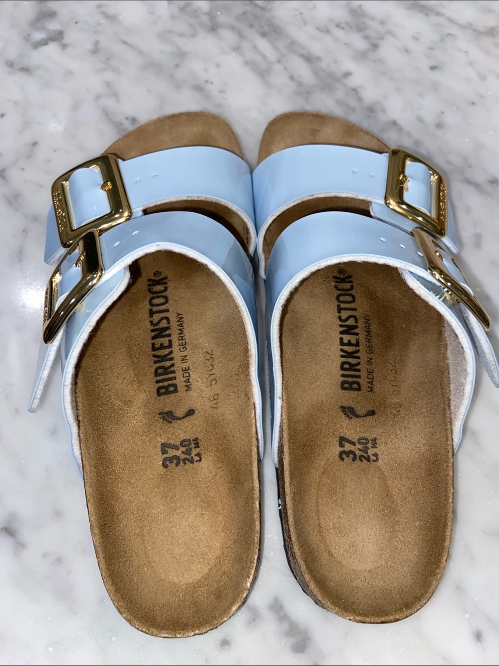 Birkenstock Kids Two-Strap Patent Sandals in Light Blue with Gold Buckles - Picture 3 of 4